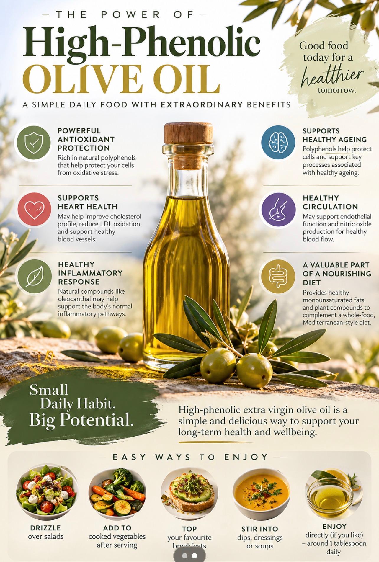 The power of high-phenolic olive oil: powerful antioxidant protection, supports heart health, a healthy inflammatory response, healthy ageing, healthy circulation, and a valuable part of a nourishing diet — with easy ways to enjoy it over salads, cooked vegetables, breakfasts, dips and soups