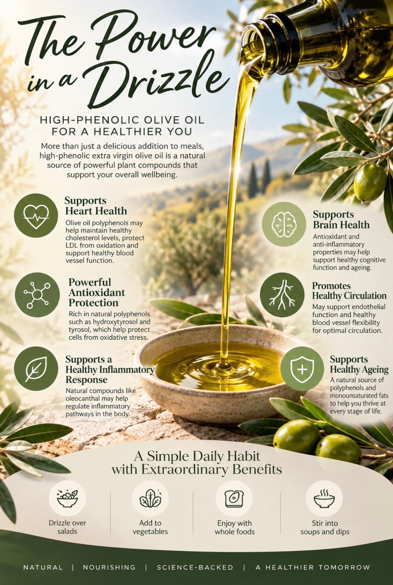 The power in a drizzle: high-phenolic olive oil supports heart health, antioxidant protection, a healthy inflammatory response, brain health, healthy circulation and healthy ageing